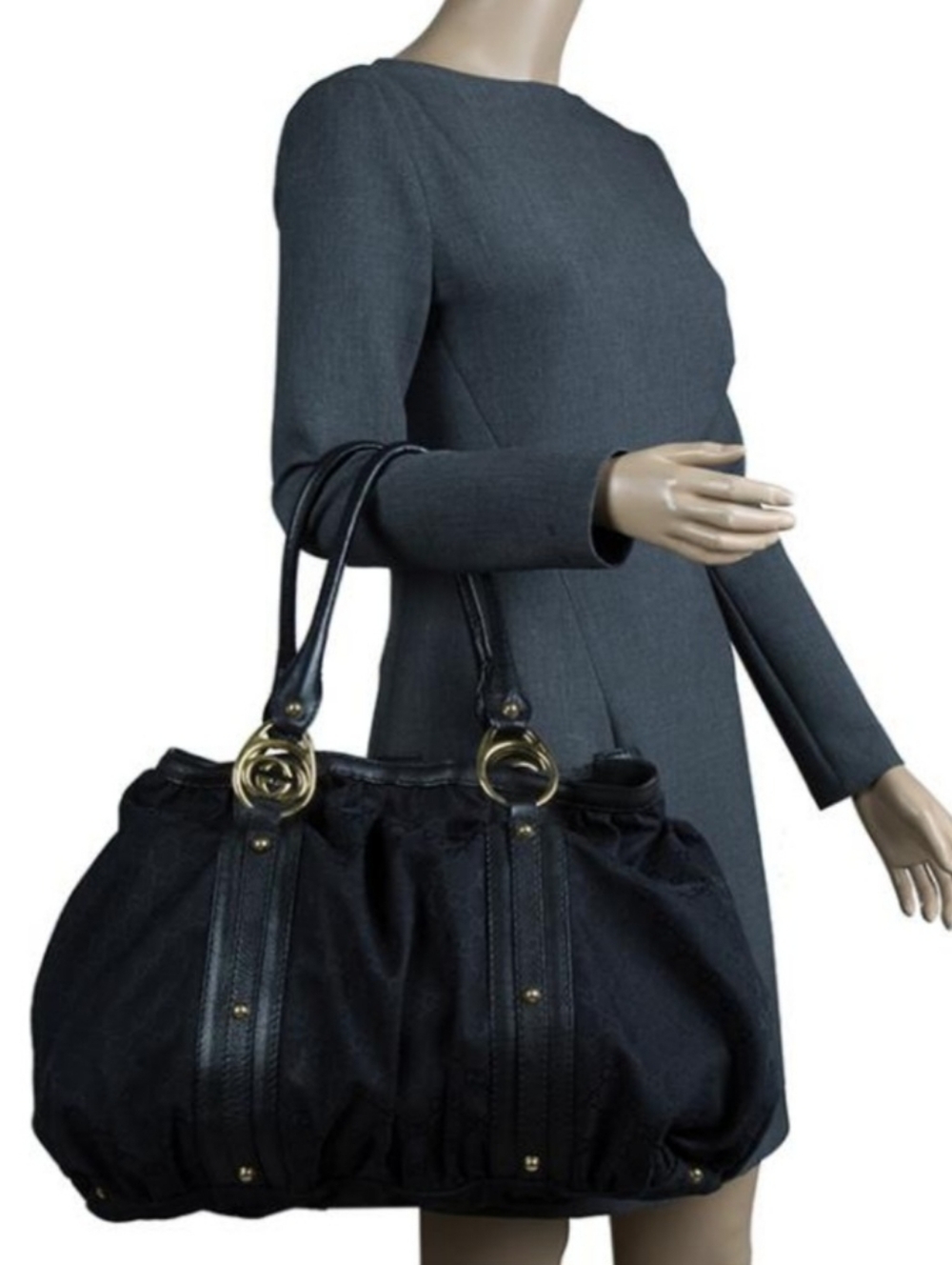 Gucci Black Canvas and Leather Interlocking Shoulder Bag